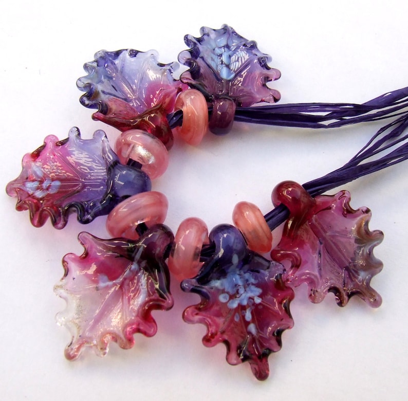 Made to Order Fuchsia and Pink Set of 6 leaf beads in shades of Purple Lampwork Glass Leaves for Jewelry Making