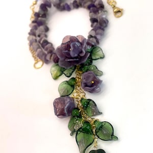 Lampwork Glass Necklace in Romantic Style, Violet Rose Bouquet, Made to Order image 13