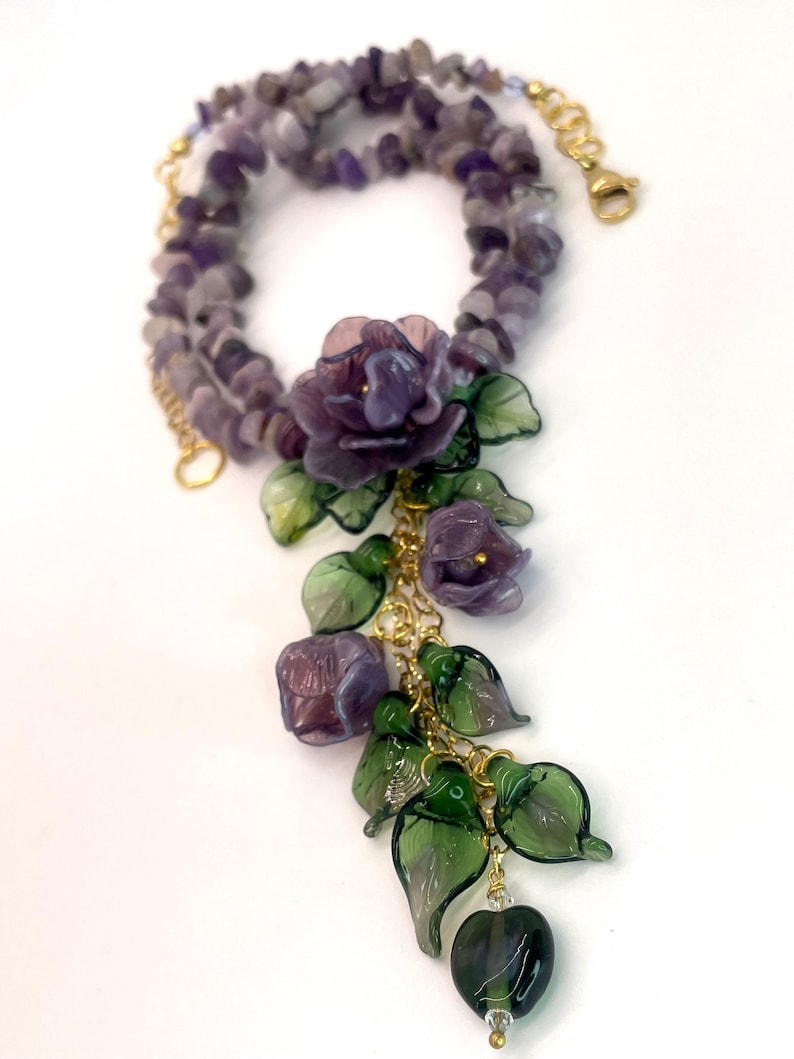 Lampwork Glass Necklace in Romantic Style, Violet Rose Bouquet, Made to Order image 13