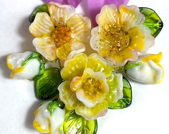 Lampwork Glass Delicate Yellow Flower Beads for Jewelry Making, DIY Yellow flowers Kit, Set of flowers, buds and Leaves , Made to Order !