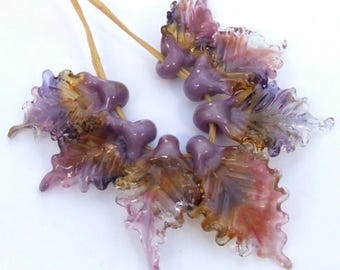 Lampwork Glass Leaf Beads, Autumn Colors, Jewelry Making, Set of 7