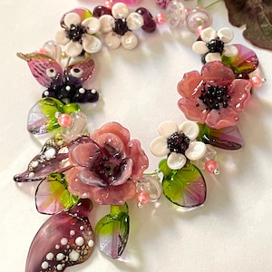 Lampwork Glass Pink Flower Beads for Jewelry Making, DIY Pink flowers, butterfly Wings and Leaves Kit, Made to Order !