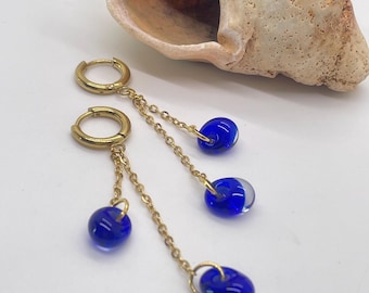 Handmade Glass Earrings Elegant Colorful Drops in Blue With Golden Chain Earrings
