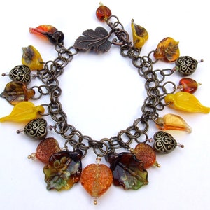 Lampwork Autumn Charm Style Bracelet, Fall Colors, Antique Bronze Glass Bracelet, Unique Gift, Ready to Ship