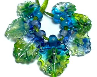 Lampwork Glass Leaf Beads, Sea Colors, Jewelry Making, Set of 7