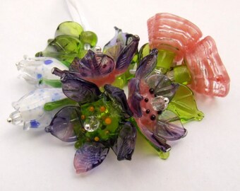 Lampwork Glass Flower Beads for Jewelry Making, Purple- Pink Set of Spring Flowers, Set of 15 Flower beads