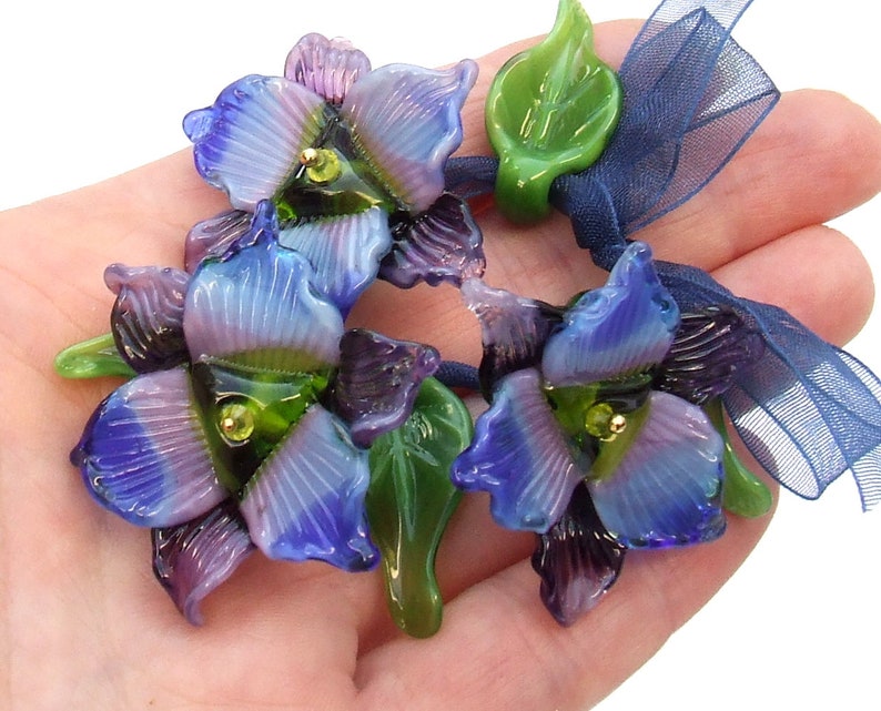 Lampwork Glass Flower Beads for Jewelry Making, Purple Orchids with Leaves