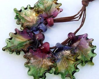 Lampwork Glass Leaf Beads, Autumn Colors, Jewelry Making, Set of 6