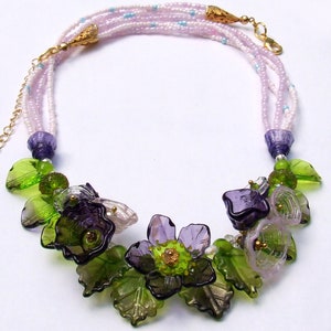Lampwork Floral Necklace, Purple and Green Romantic Style Necklace, Festive Glass Necklace, Unique Gift, Ready to Ship image 1