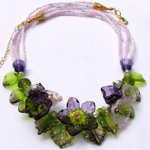Lampwork Floral Necklace, Purple and Green Romantic Style Necklace, Festive Glass Necklace, Unique Gift, Ready to Ship