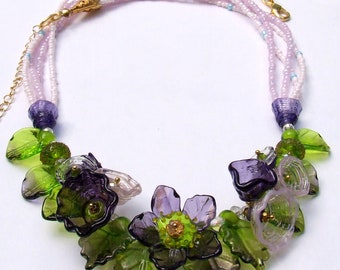 Lampwork Floral Necklace, Purple and Green Romantic Style Necklace, Festive Glass Necklace, Unique Gift, Ready to Ship