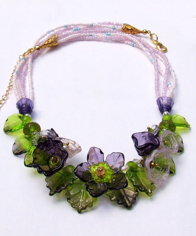 Lampwork Floral Necklace, Purple and Green Romantic Style Necklace, Festive Glass Necklace, Unique Gift, Ready to Ship image 1