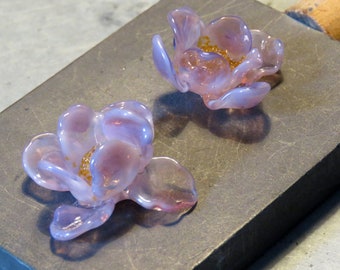 Lampwork Violet Flowers, set of 2 Violet Open Petals Flowers, Glass Flower Beads for Jewelry Making, Made to Order