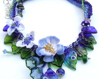 Romantic Lampwork Spring Floral Necklace, Blue and Lilac Flowers Necklace, Delicate Floral Necklace Unique Gift, Made to order !