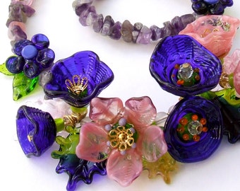 Lampwork Glass Necklace, Flowers Necklace, Cobalt Blue-Pink, Romantic Style Floral Necklace