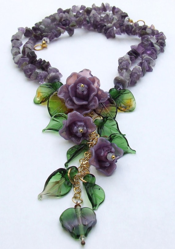 Lampwork Glass Necklace in Romantic Style, Violet Rose Bouquet, Made to Order