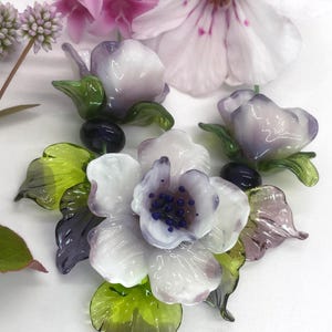 Lampwork Glass Delicate White and Violet Spring Flower Beads Supplies for Jewelry Making, DIY Kit