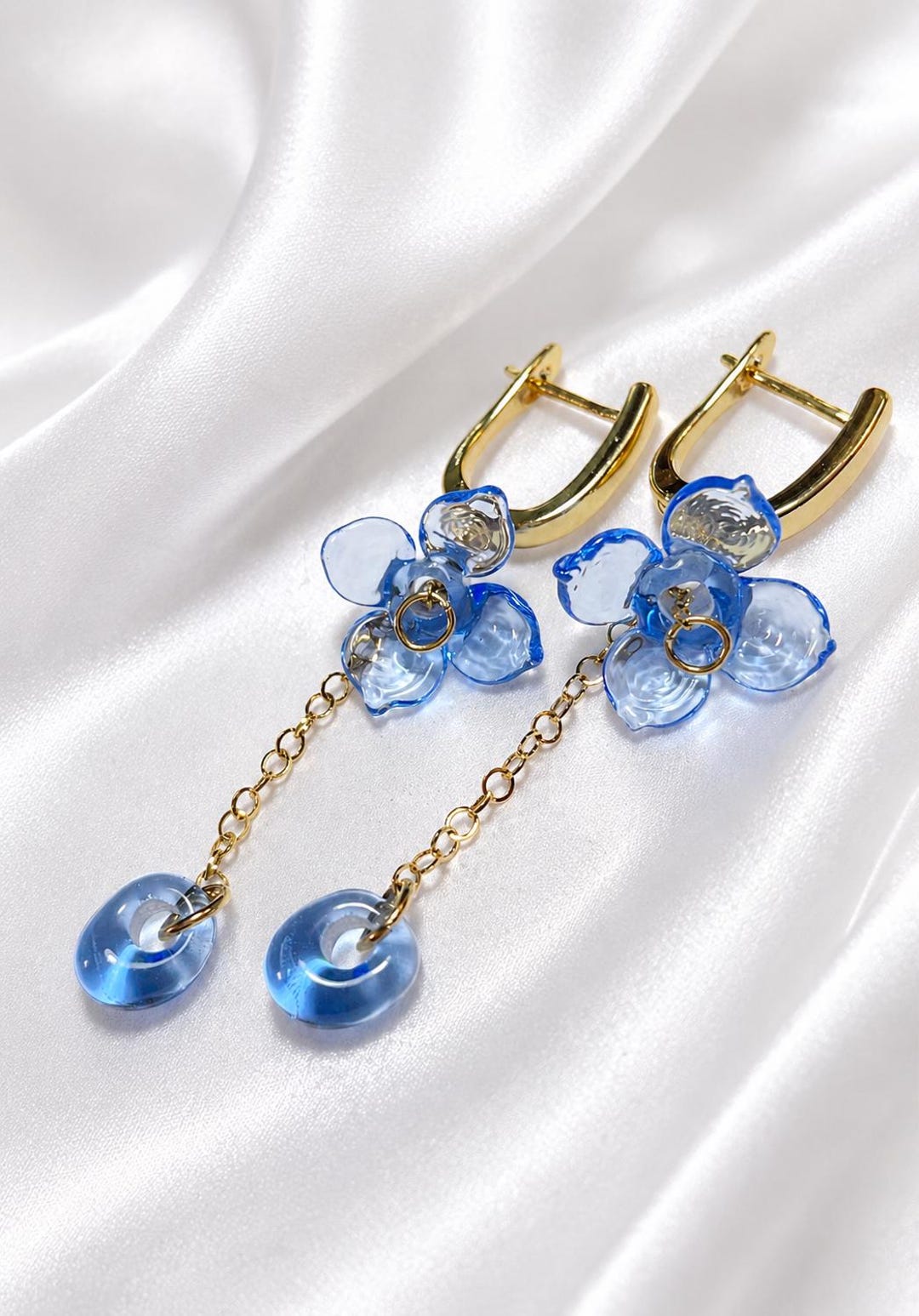 Drop Sept Pale Blue Glass Flower Drop Earrings, Handmade Lampwork Floral Earrings ...