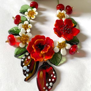 Lampwork Glass Red Flower Beads Supplies for Jewelry Making, DIY Kit with butterfly Wings and Leaves. image 3