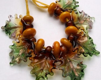 Lampwork Glass Leaf Beads, Autumn Jewelry Making, Set of 7 + 8 Spacers