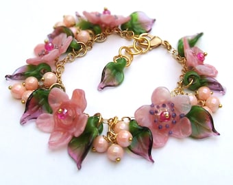 Handmade Lampwork Glass Bracelet, Romantic Floral Bracelet, Pink Flowers, Flowers Bracelet in Bright Colors, Ready to Ship