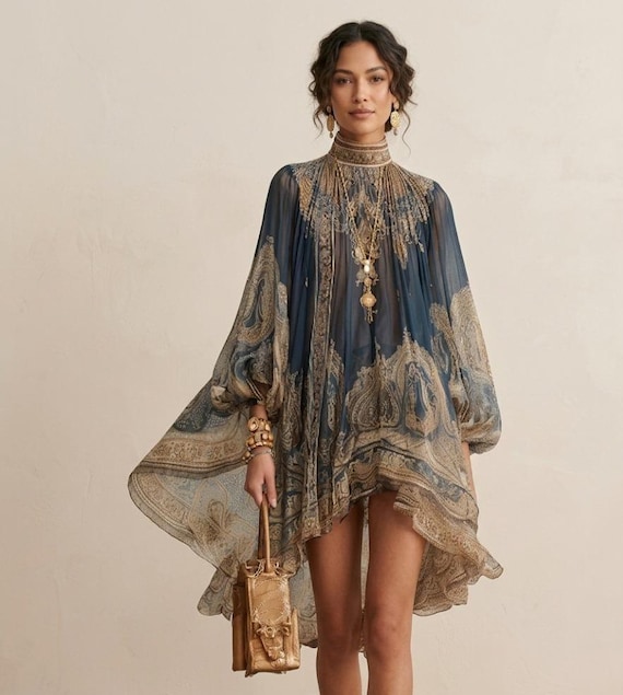 chiffon turtleneck dress Printed Maxi Dress, Long Sleeve, Boho Vacation Style Sundress Size:11 US kids numeric RESTLESS NIGHTS ASYMMETRICAL BROCADE BRIDAL NEW Arvestaconcept creating a fluid silhouette