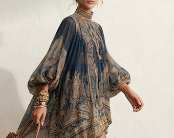 Printed Chiffon Maxi Dress, Turtleneck Long Sleeve, Shawl Style, Elegant Vacation Outfit