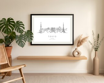 Arte emoldurada do horizonte de Tóquio | Desenho arquitetônico linear | Arte de parede | Decoração moderna para casa