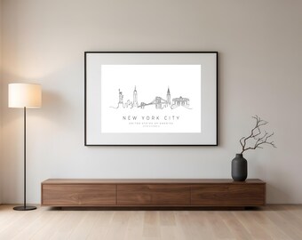 Arte emoldurada do horizonte de Nova York | Desenho arquitetônico linear | Arte de parede | Decoração moderna para casa