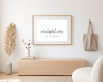 Arte emoldurada do horizonte de Amsterdã | Desenho arquitetônico linear | Arte de parede | Decoração moderna para casa