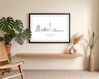 Geneva Skyline Framed Print | One Line Art | Geneva Wall Art | Switzerland Travel Gift | Minimalist City Line Drawing | Housewarming Gift