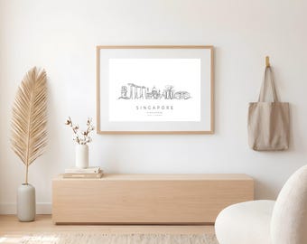 Arte emoldurada do horizonte de Singapura | Desenho arquitetônico linear | Arte de parede | Decoração moderna para casa