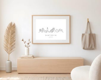 Arte emoldurada da paisagem urbana de Santorini | Desenho arquitetônico linear | Arte de parede | Decoração moderna para casa