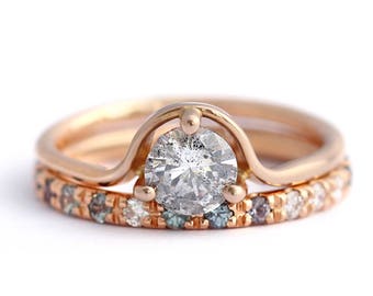 Salt And Pepper Diamond Ring, Wedding Ring Set, Grey Diamond Engagement Ring, Rose Gold Wedding Set, Grey Wedding Set, 0.7 Carat Diamond