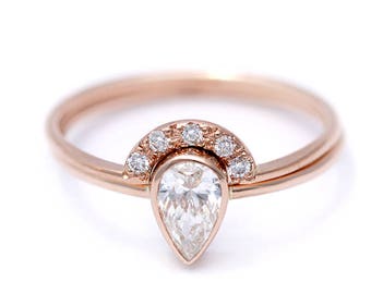 Rose Gold Wedding Ring Set, Pear Diamond Engagement Ring, Wedding Ring Set, Diamond Wedding Ring, Half Carat Pear Diamond, 18k Rose Gold