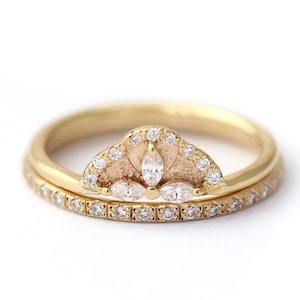 18k Gold Marquise Diamond Wedding Set: Petal Ring & Half Eternity Band