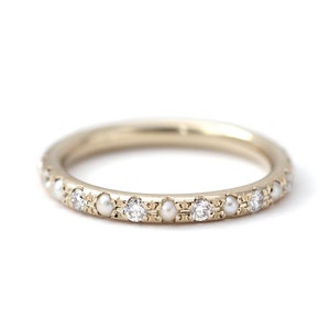 Pearl Eternity Ring Diamond Pearl Wedding Ring Etsy