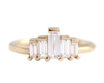 Art Deco Engagement Ring, Baguette Engagement Ring, Five Diamonds Ring, Baguette Diamond Ring, Baguette Diamond Band, Art Deco Baguette Ring
