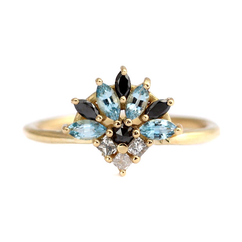 Aquamarine And Diamond Cluster Ring, Aquamarine Engagement Ring, Black Diamond Ring, Marquise Ring, Princess Cut Engagement Ring image 1