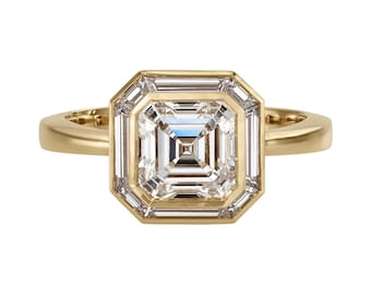 Modern Square Emerald Cut Diamond Halo Engagement Ring - Lab Diamond