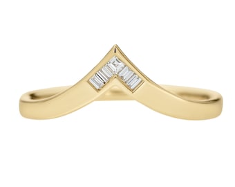 Gold Chevron Wedding Band with Baguette & Carre Diamonds
