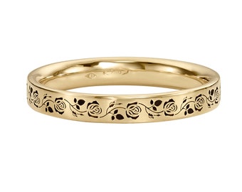 Black Rose Engraved Full Eternity Gold Wedding Band