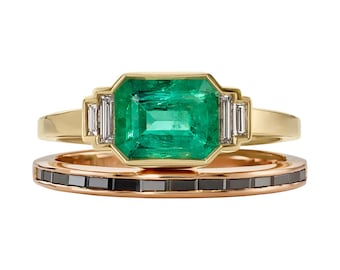 Emerald & Black Baguette Diamond Art Deco Wedding Ring Set