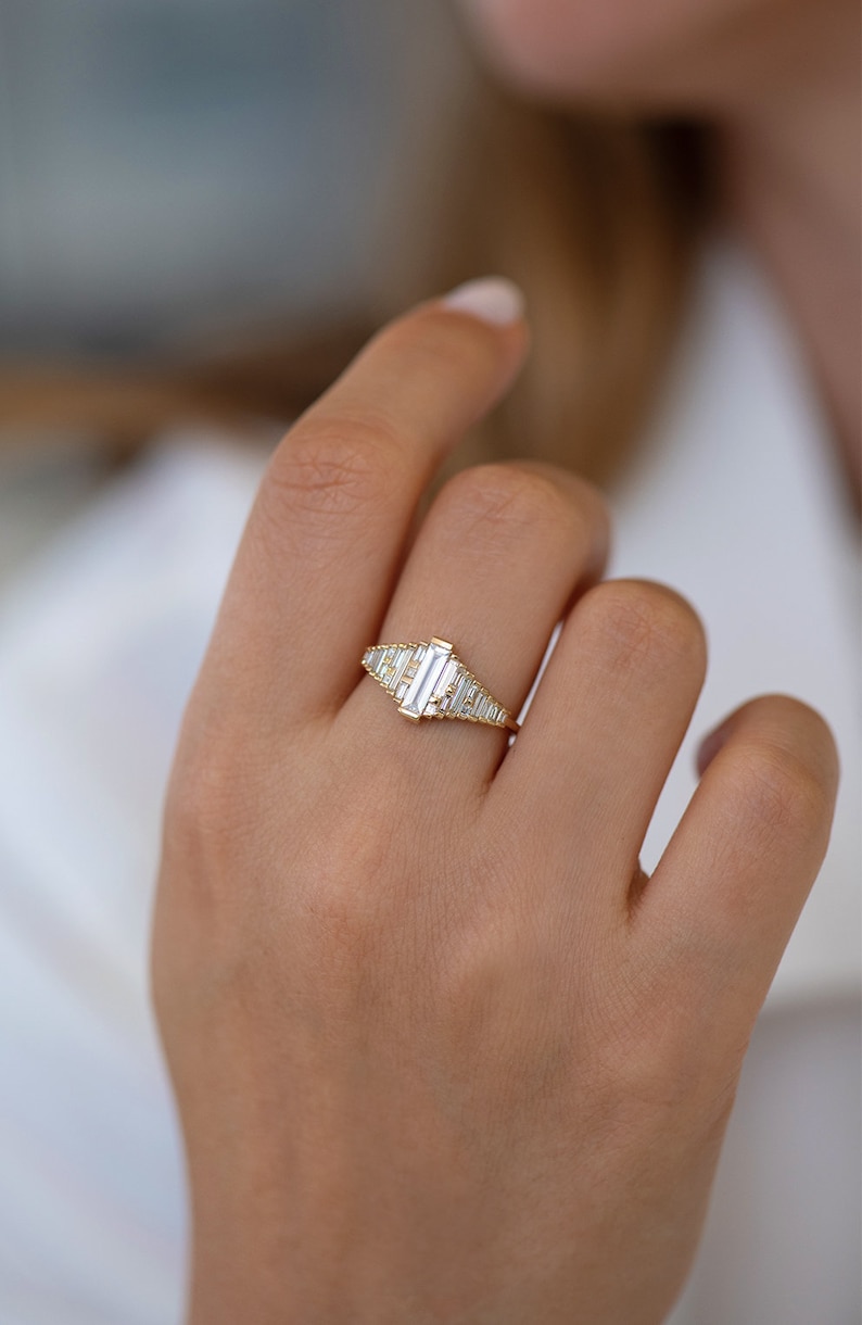 Baguette Diamond Ring With Gradient Diamonds and Gold Details Etsy