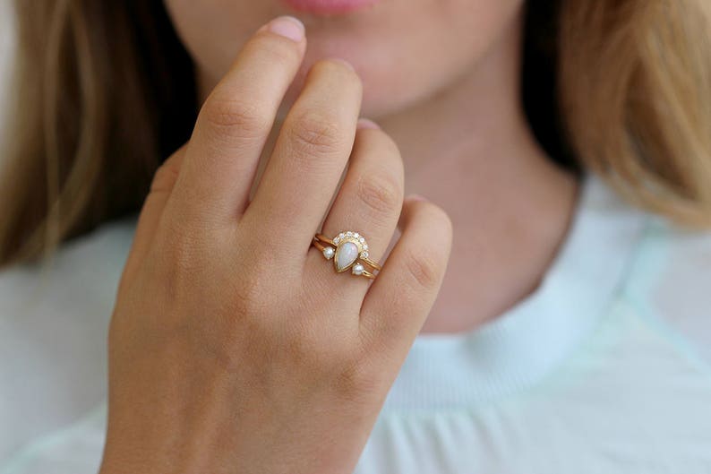 Opal Engagement Ring White Opal Ring Opal Diamond Ring Pear Etsy