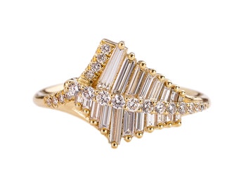 Asymmetrical Baguette Cluster Ring with Round Diamond Beams