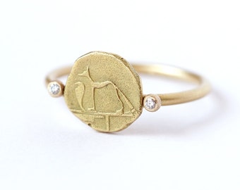 Gold Signet Ring, Egyptian Ring, Dog & Snake Ring, Egyptian Jewelry, Uraeus Ring, Ancient Jewelry, Gold Dog Ring, Egyptian Iconography
