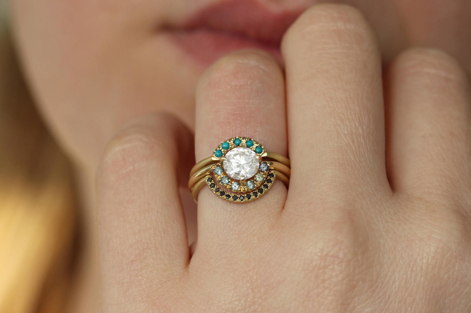 Boho Wedding Ring Set Teal Sapphire Ring One Carat Diamond Ring Diamond Turquoise Engagement Ring Nesting Wedding Rings Three Rings Set Etsy