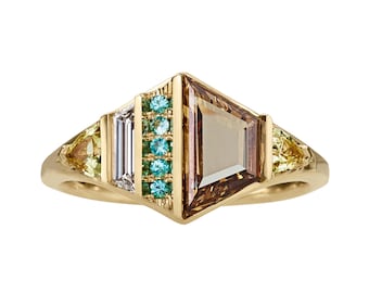 OOAK Statement Ring with Fancy Diamond Paraiba Tourmaline & Sapphire - Trine
