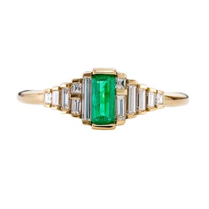 Dainty Emerald Engagement Ring with Needle Baguette Diamonds